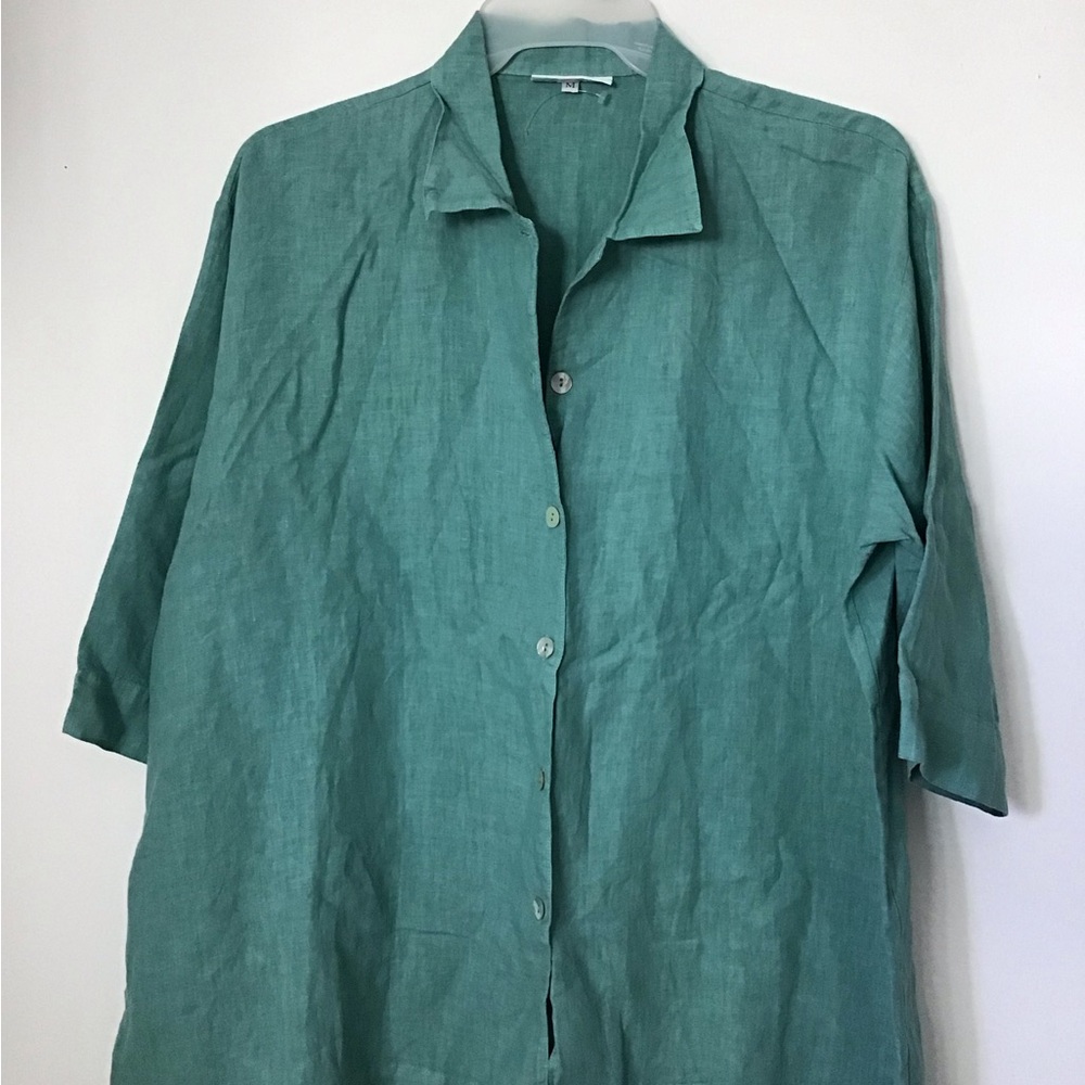 bryn Walker Teal Linen Button-Front Blouse